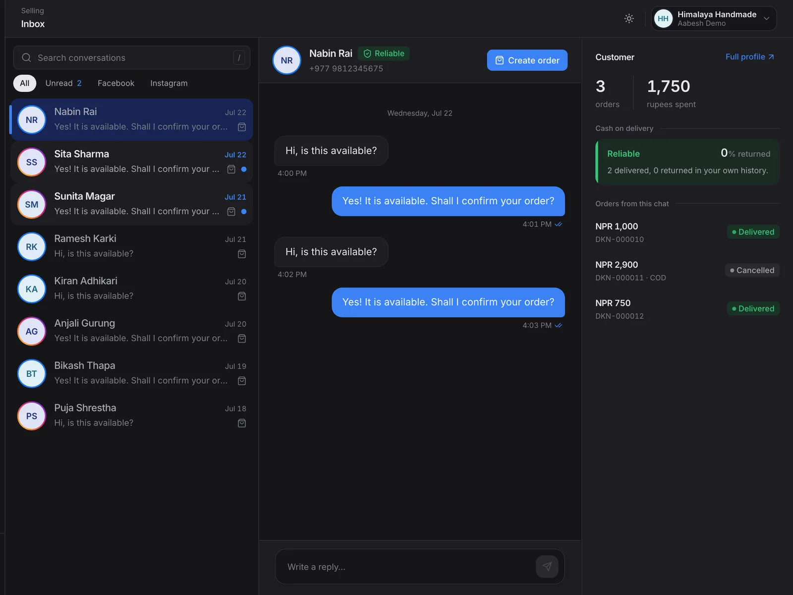 The DokaanDM unified inbox: Facebook and Instagram conversations in one list, a chat thread with a Create order button, and a customer panel showing cash-on-delivery risk and past orders.